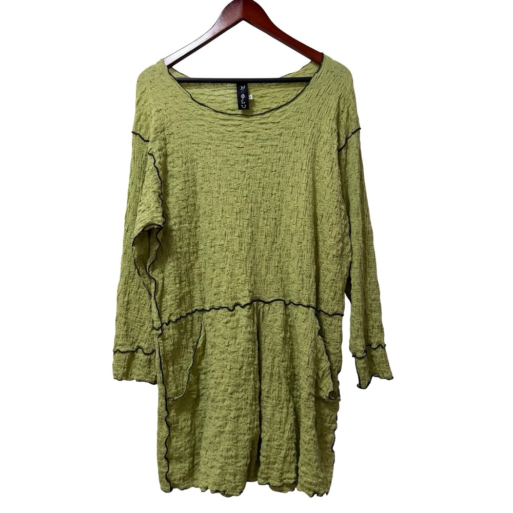 NoBlu Womens Crinkle Textured Funky Shift Tunic Mini Dress Size L Green‎ Artsy
